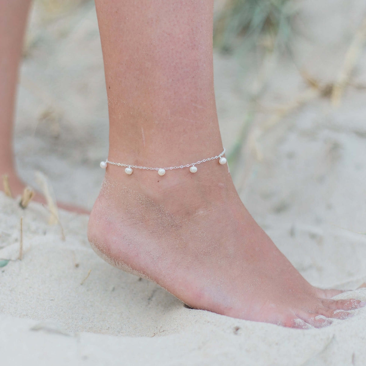 Bead Drop Anklet - Freshwater Pearl - Sterling Silver - Luna Tide Handmade Jewellery