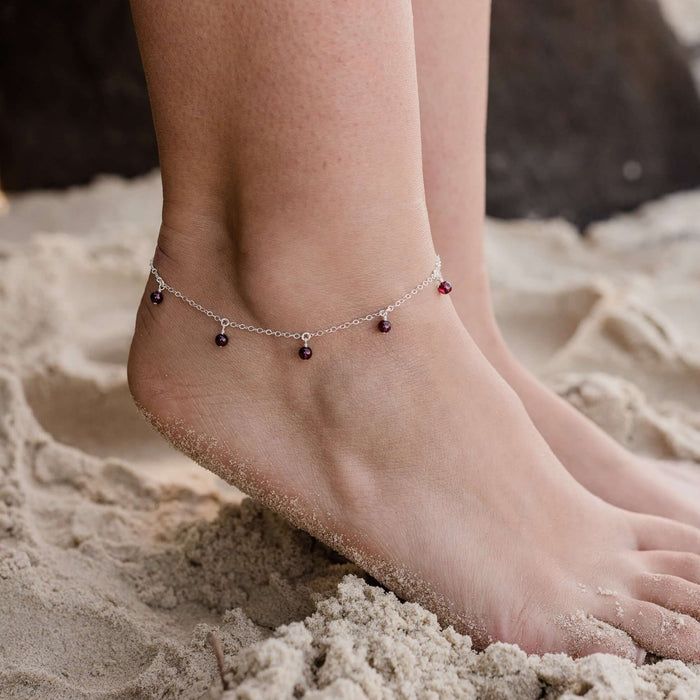 Bead Drop Anklet - Garnet - Sterling Silver - Luna Tide Handmade Jewellery