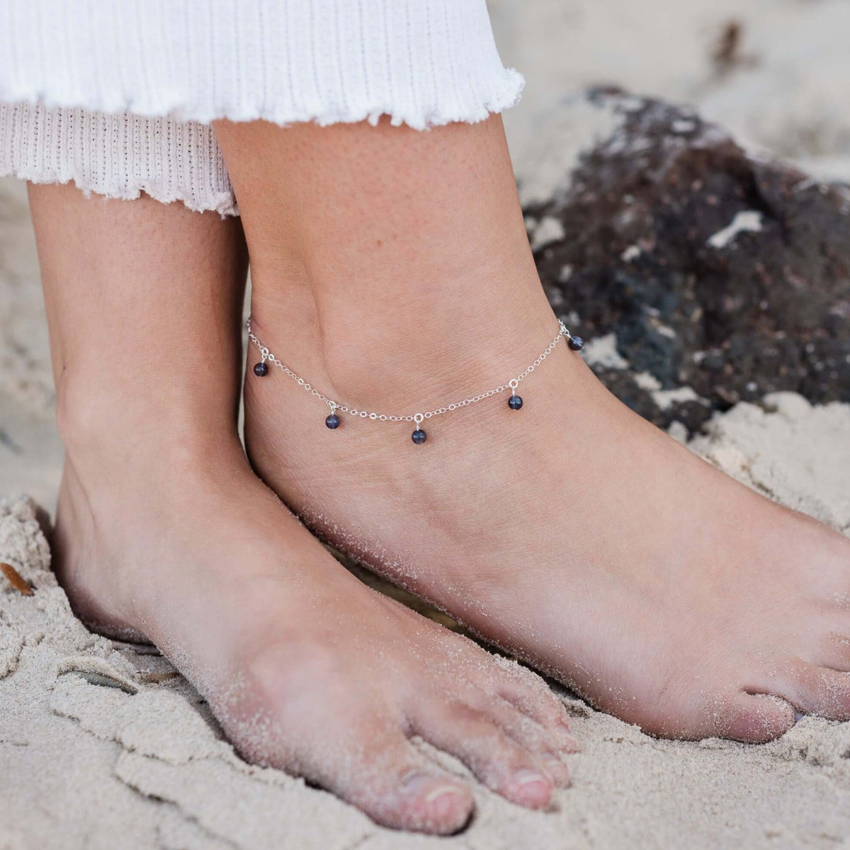 Bead Drop Anklet - Iolite - Sterling Silver - Luna Tide Handmade Jewellery