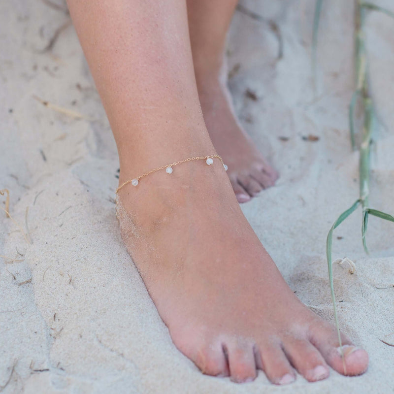 Bead Drop Anklet - Rainbow Moonstone - 14K Gold Fill - Luna Tide Handmade Jewellery