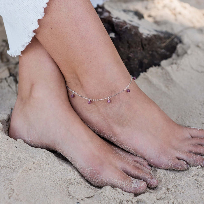 Bead Drop Anklet - Ruby - Sterling Silver - Luna Tide Handmade Jewellery