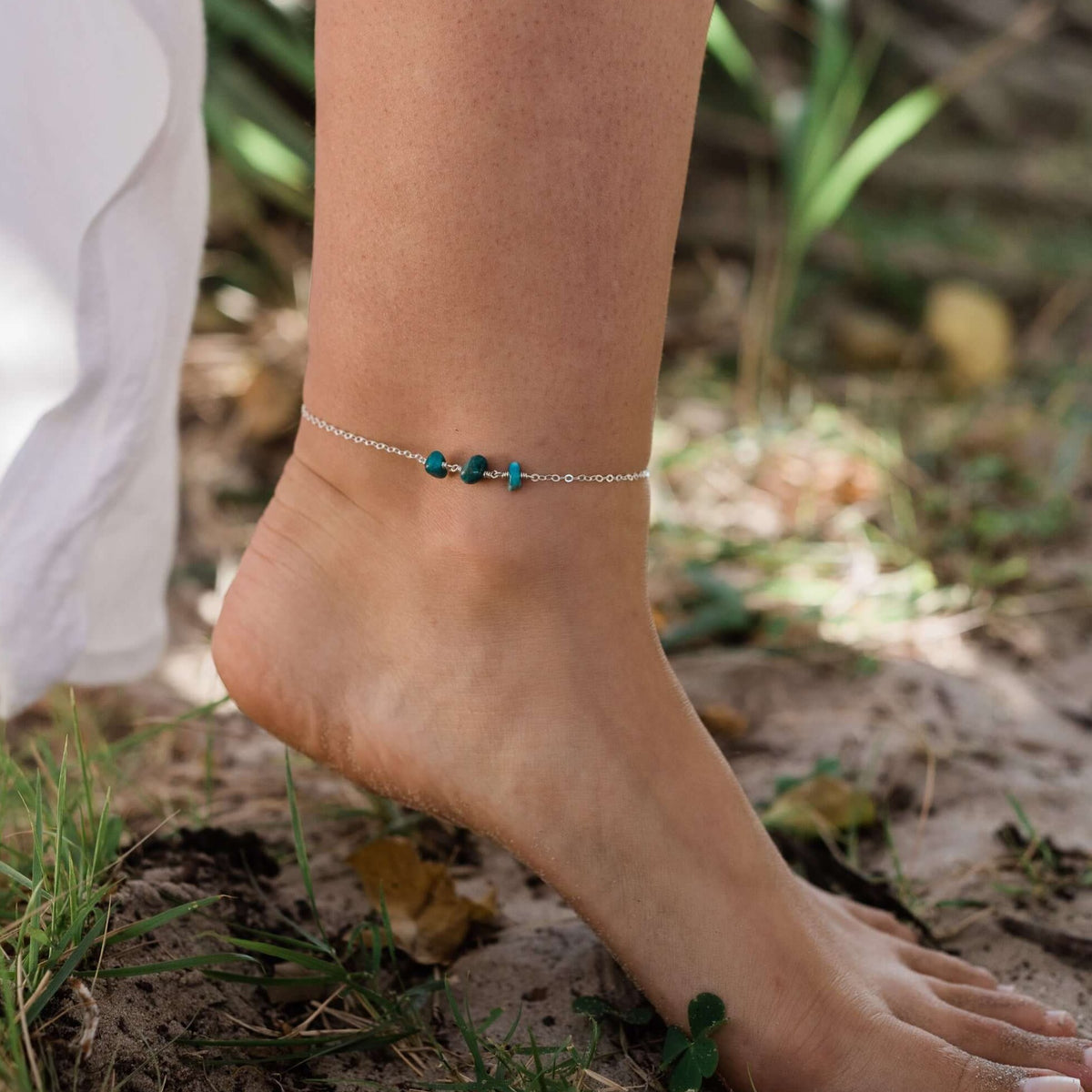 Beaded Chain Anklet - Apatite - Sterling Silver - Luna Tide Handmade Jewellery