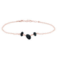 Beaded Chain Anklet - Black Tourmaline - 14K Rose Gold Fill - Luna Tide Handmade Jewellery