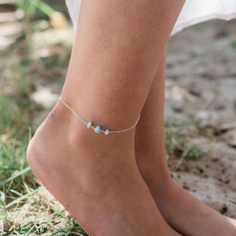 Beaded Chain Anklet - Larimar - Sterling Silver - Luna Tide Handmade Jewellery