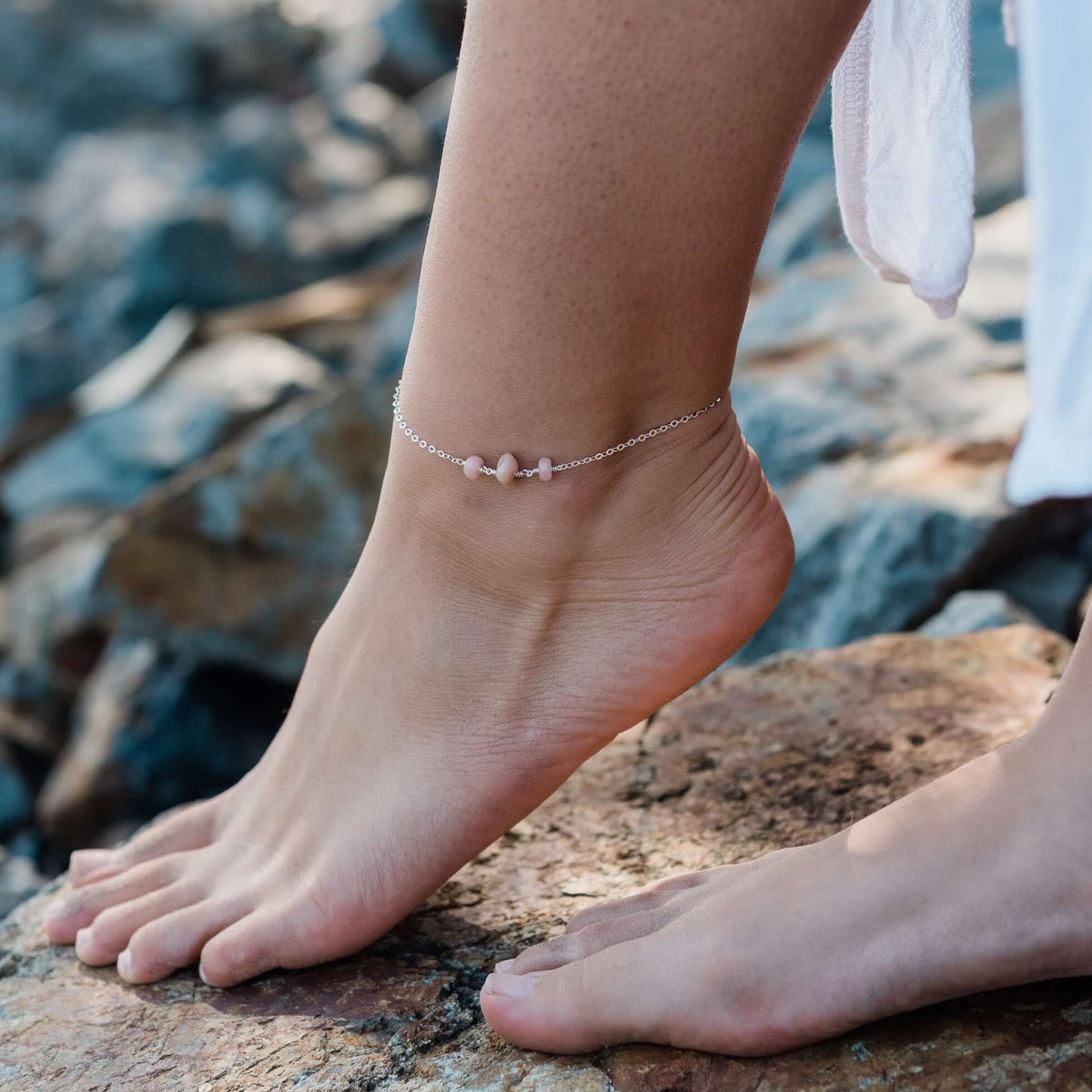 Beaded Chain Anklet - Pink Peruvian Opal - Sterling Silver - Luna Tide Handmade Jewellery