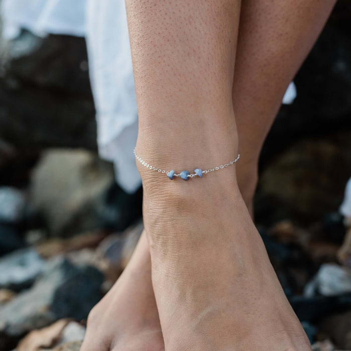 Beaded Chain Anklet - Tanzanite - Sterling Silver - Luna Tide Handmade Jewellery