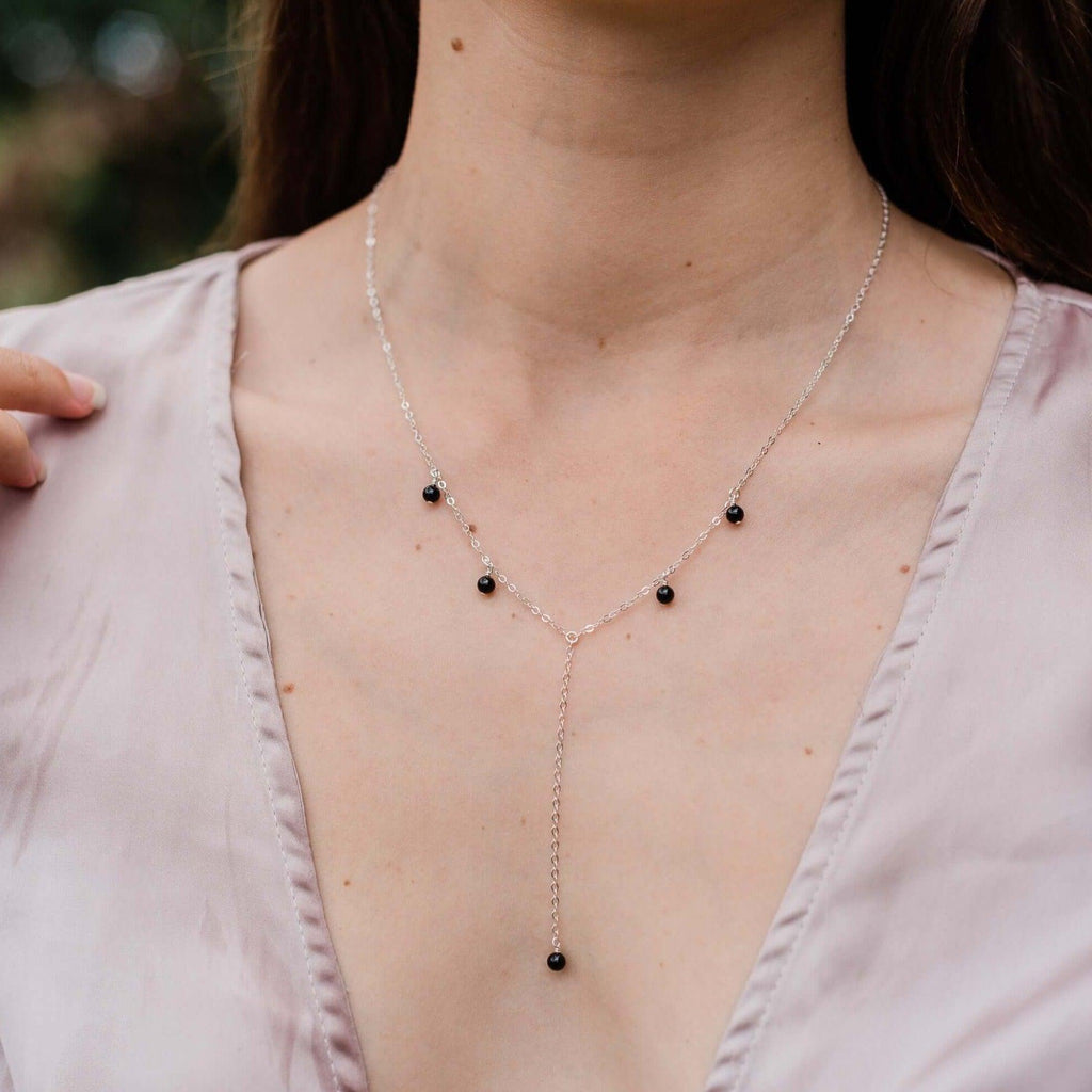 Black Onyx Boho Lariat Necklace - Black Onyx Boho Lariat Necklace - 14k Gold Fill - Luna Tide Handmade Crystal Jewellery