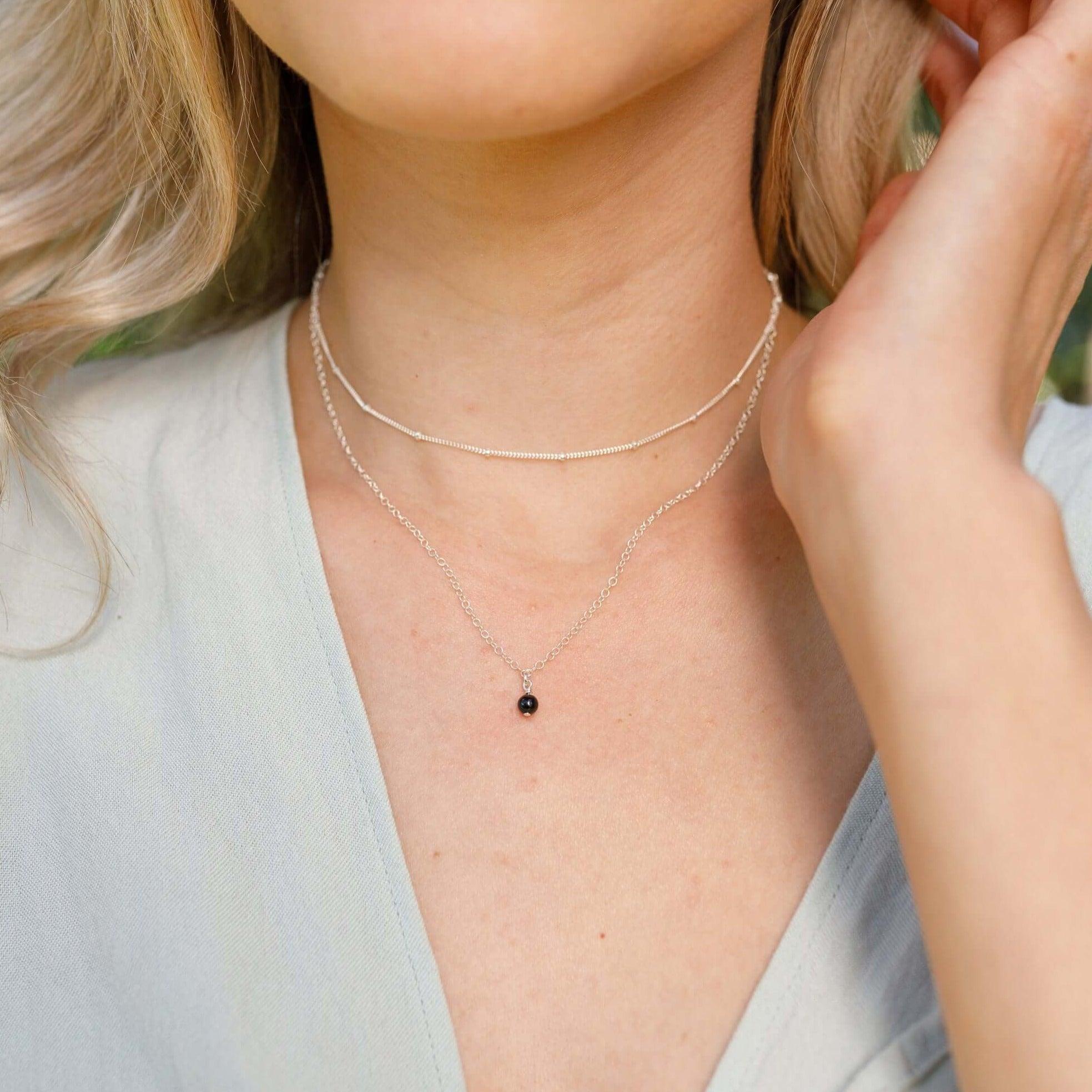 Black Onyx Gemstone Chain Layered Choker Necklace - Black Onyx Gemstone Chain Layered Choker Necklace - 14k Gold Fill - Luna Tide Handmade Crystal Jewellery