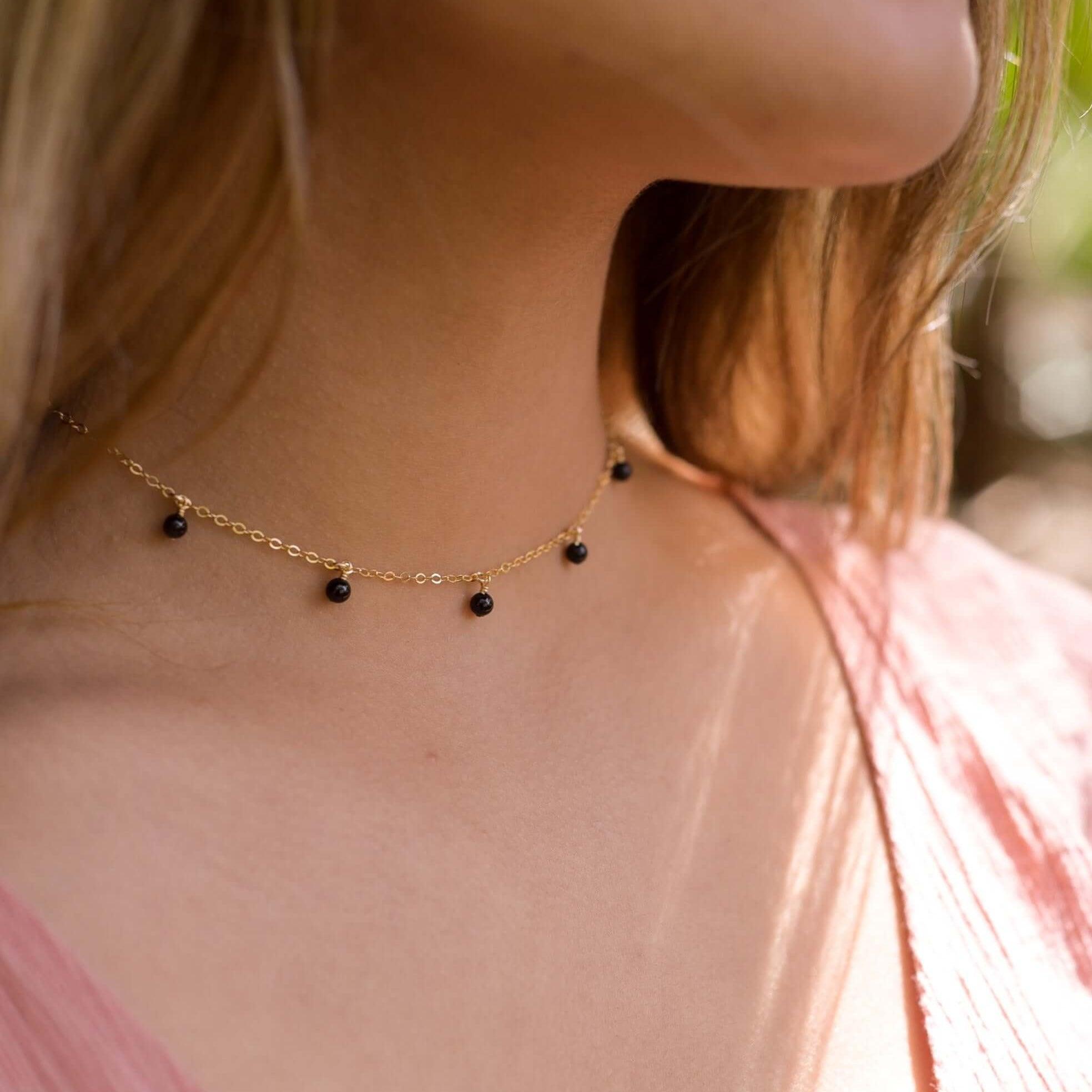 Black Tourmaline Bead Drop Choker - Black Tourmaline Bead Drop Choker - Sterling Silver - Luna Tide Handmade Crystal Jewellery