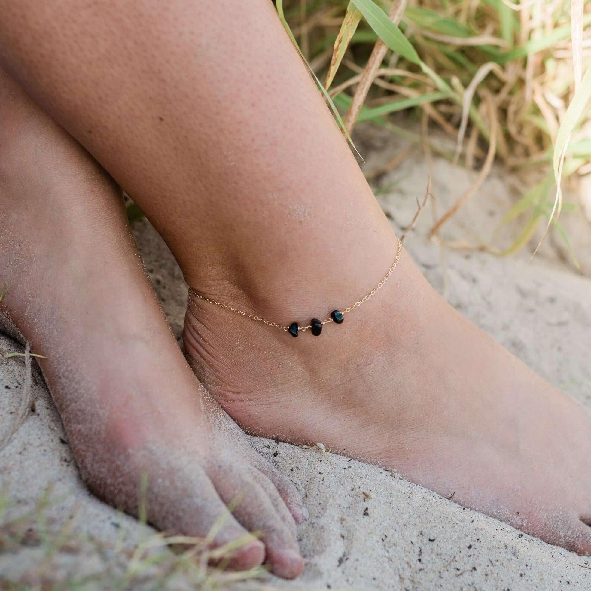 Black Tourmaline Beaded Chain Anklet - Black Tourmaline Beaded Chain Anklet - 14k Gold Fill - Luna Tide Handmade Crystal Jewellery