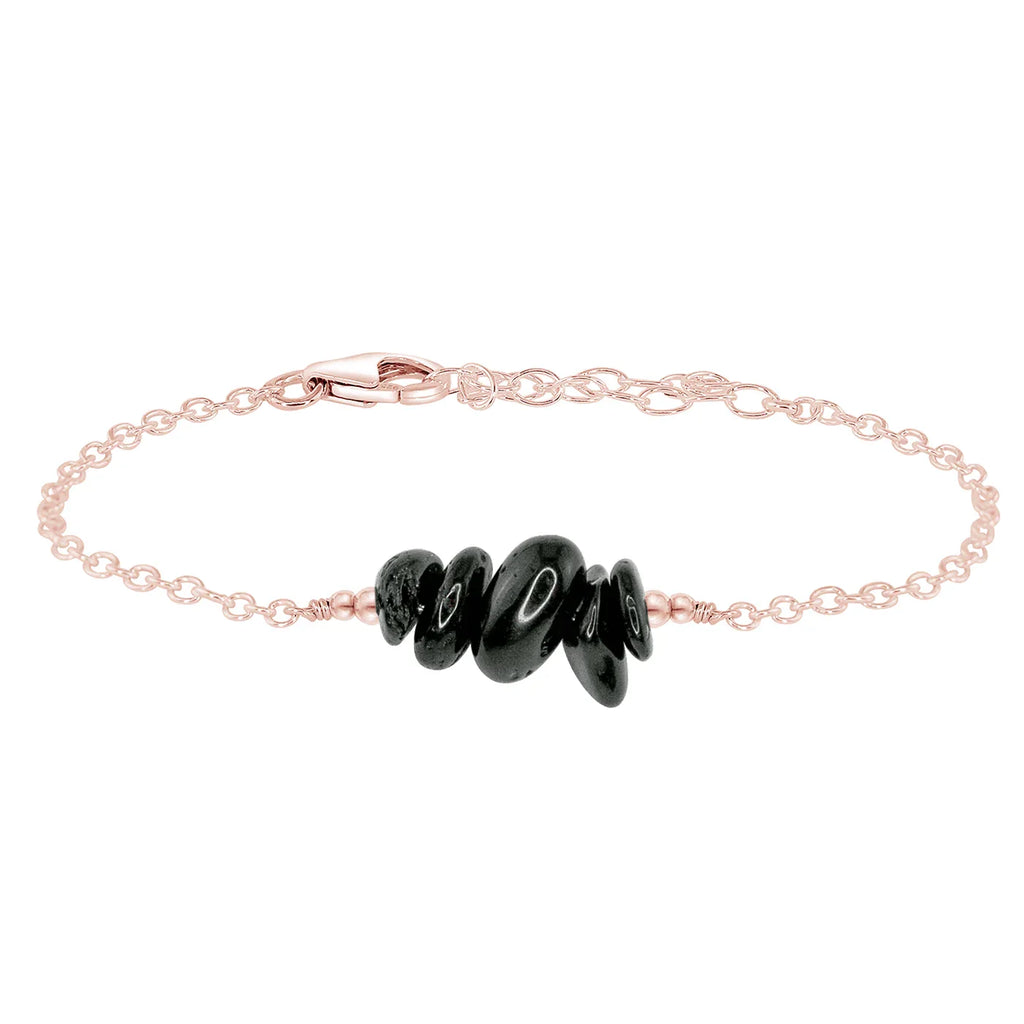 Black Tourmaline Chip Bead Bar Bracelet - Black Tourmaline Chip Bead Bar Bracelet - 14k Rose Gold Fill - Luna Tide Handmade Crystal Jewellery