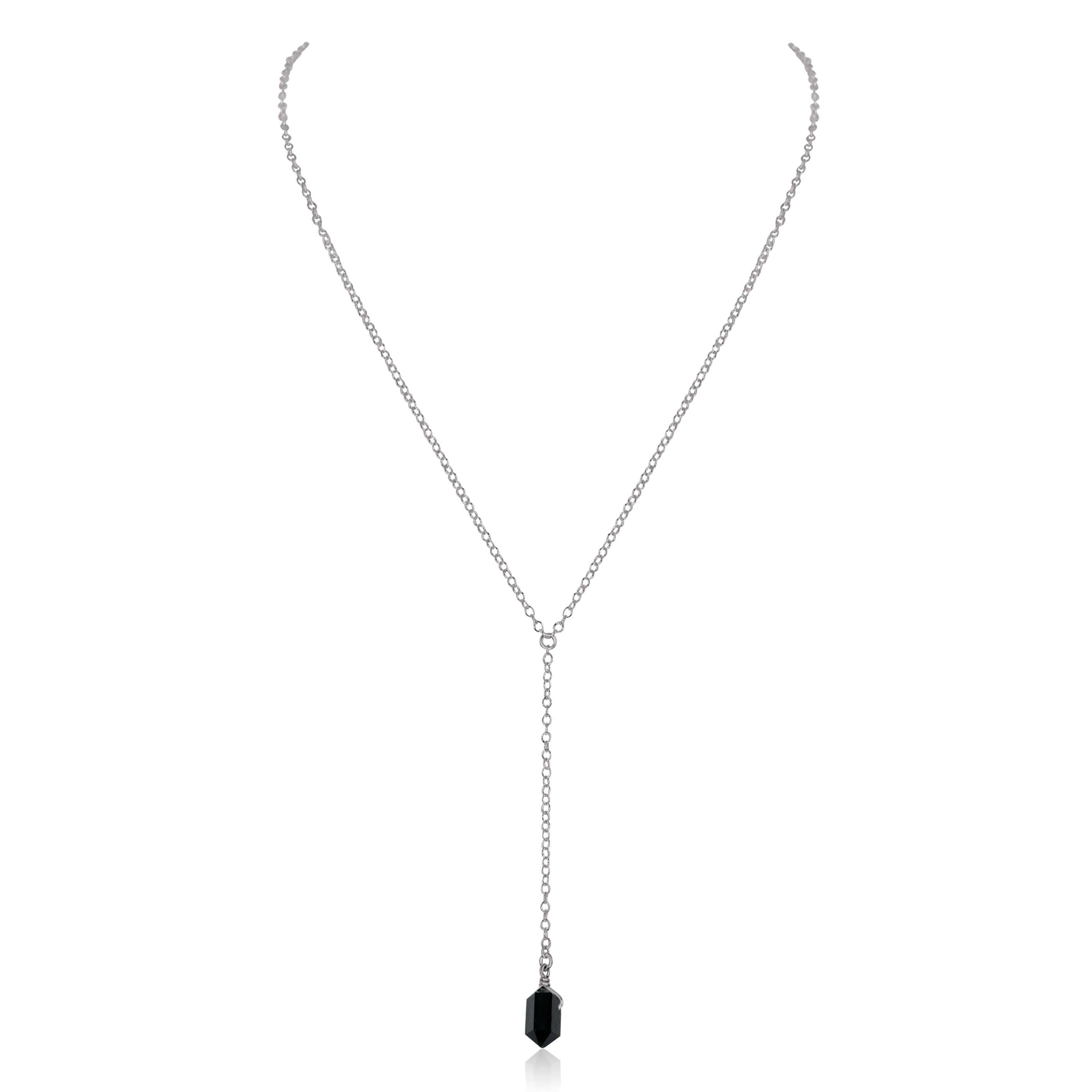Black Tourmaline Double Terminated Mini Crystal Point Lariat Necklace - Black Tourmaline Double Terminated Mini Crystal Point Lariat Necklace - Stainless Steel - Luna Tide Handmade Crystal Jewellery