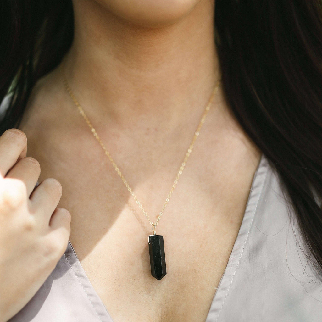 Black Tourmaline Gemstone Generator Tower Point Pendant Necklace - Black Tourmaline Gemstone Generator Tower Point Pendant Necklace - 14k Gold Fill / Satellite - Luna Tide Handmade Crystal Jewellery