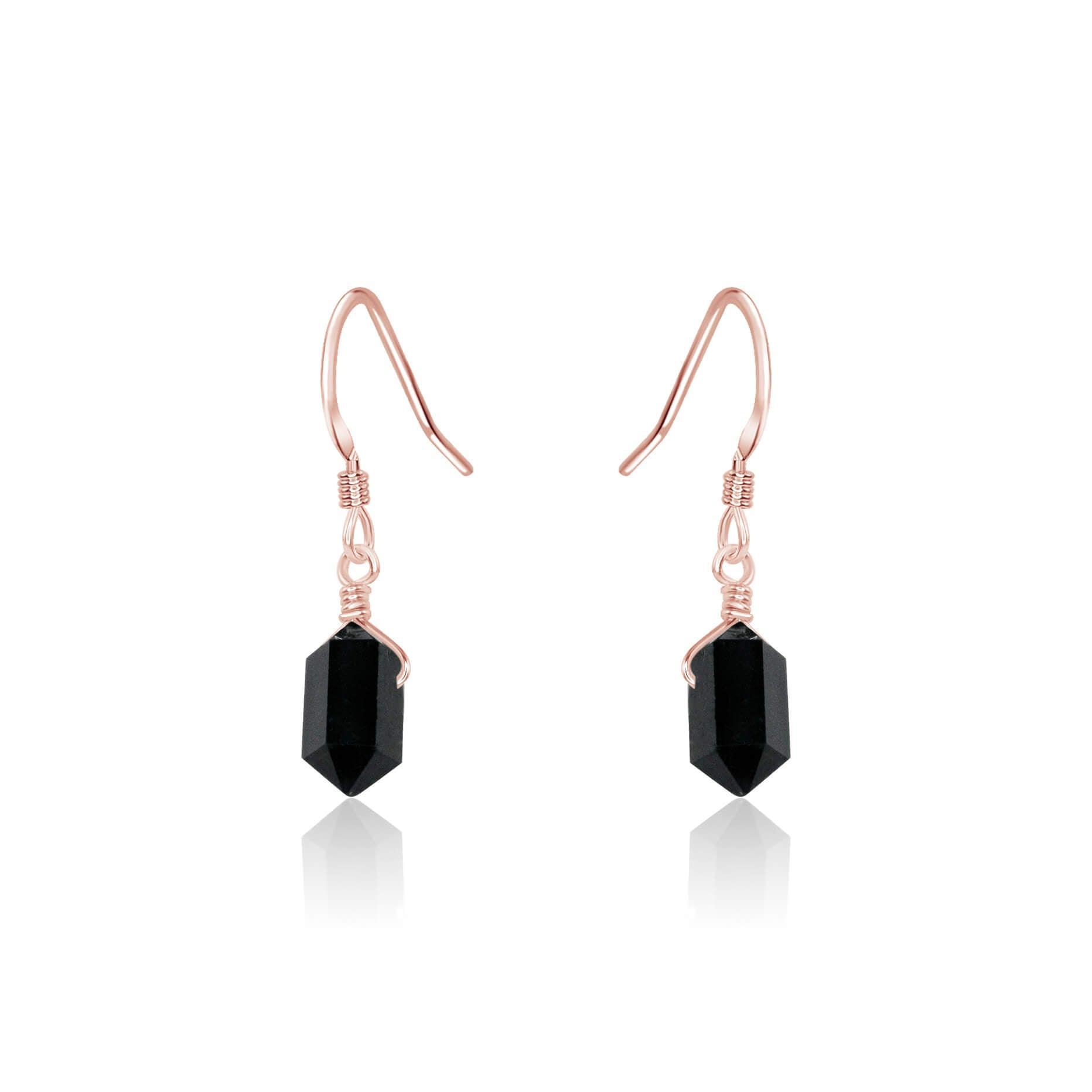 Black Tourmaline Mini Double Terminated Crystal Point Dangle Drop Earrings - Black Tourmaline Mini Double Terminated Crystal Point Dangle Drop Earrings - 14k Rose Gold Fill - Luna Tide Handmade Crystal Jewellery