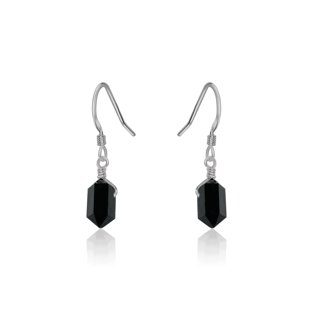 Black Tourmaline Mini Double Terminated Crystal Point Dangle Drop Earrings - Black Tourmaline Mini Double Terminated Crystal Point Dangle Drop Earrings - Stainless Steel - Luna Tide Handmade Crystal Jewellery
