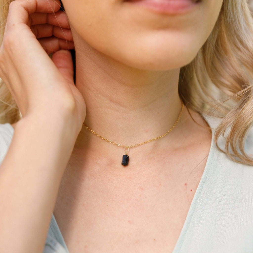 Black Tourmaline Mini Double Terminated Crystal Point Pendant Choker Necklace - Black Tourmaline Mini Double Terminated Crystal Point Pendant Choker Necklace - 14k Gold Fill / Cable - Luna Tide Handmade Crystal Jewellery