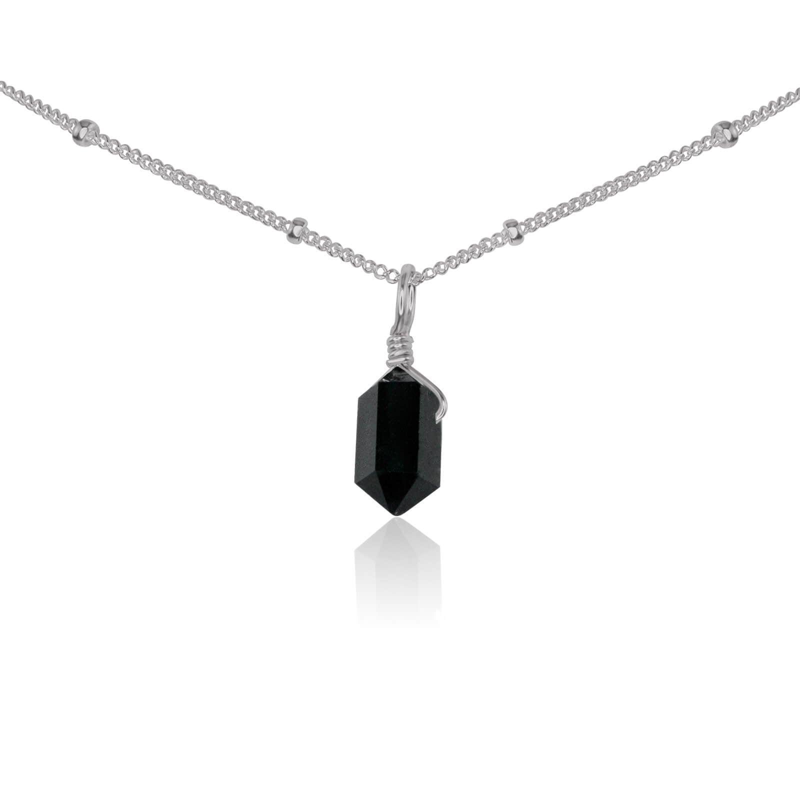 Black Tourmaline Mini Double Terminated Crystal Point Pendant Choker Necklace - Black Tourmaline Mini Double Terminated Crystal Point Pendant Choker Necklace - Stainless Steel / Satellite - Luna Tide Handmade Crystal Jewellery