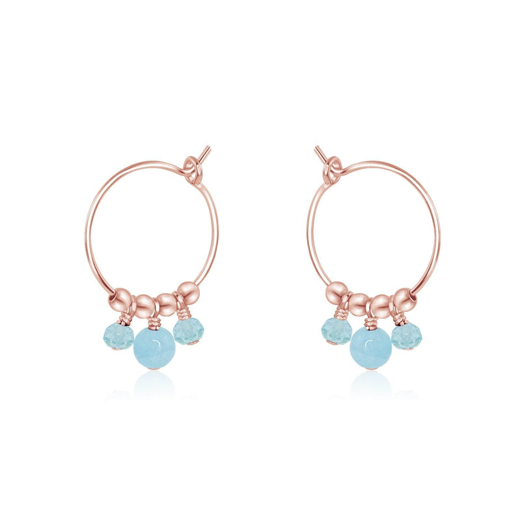Blue Aquamarine Gemstone Bead Drop Hoop Earrings - Blue Aquamarine Gemstone Bead Drop Hoop Earrings - 14k Rose Gold Fill - Luna Tide Handmade Crystal Jewellery