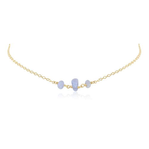 Blue Lace Agate Beaded Chain Choker Necklace - Blue Lace Agate Beaded Chain Choker Necklace - 14k Gold Fill - Luna Tide Handmade Crystal Jewellery
