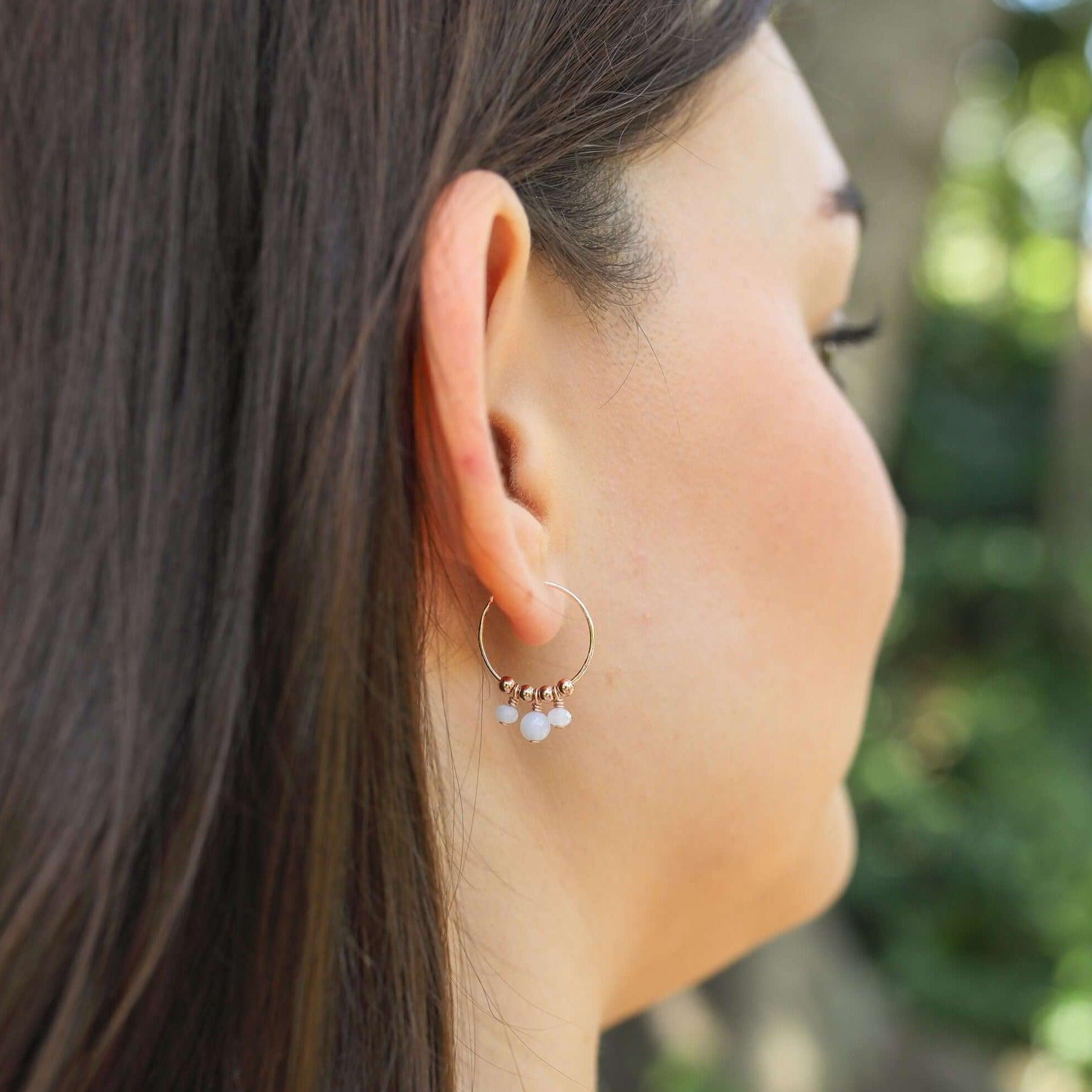 Blue Lace Agate Gemstone Bead Drop Hoop Earrings - Blue Lace Agate Gemstone Bead Drop Hoop Earrings - Sterling Silver - Luna Tide Handmade Crystal Jewellery
