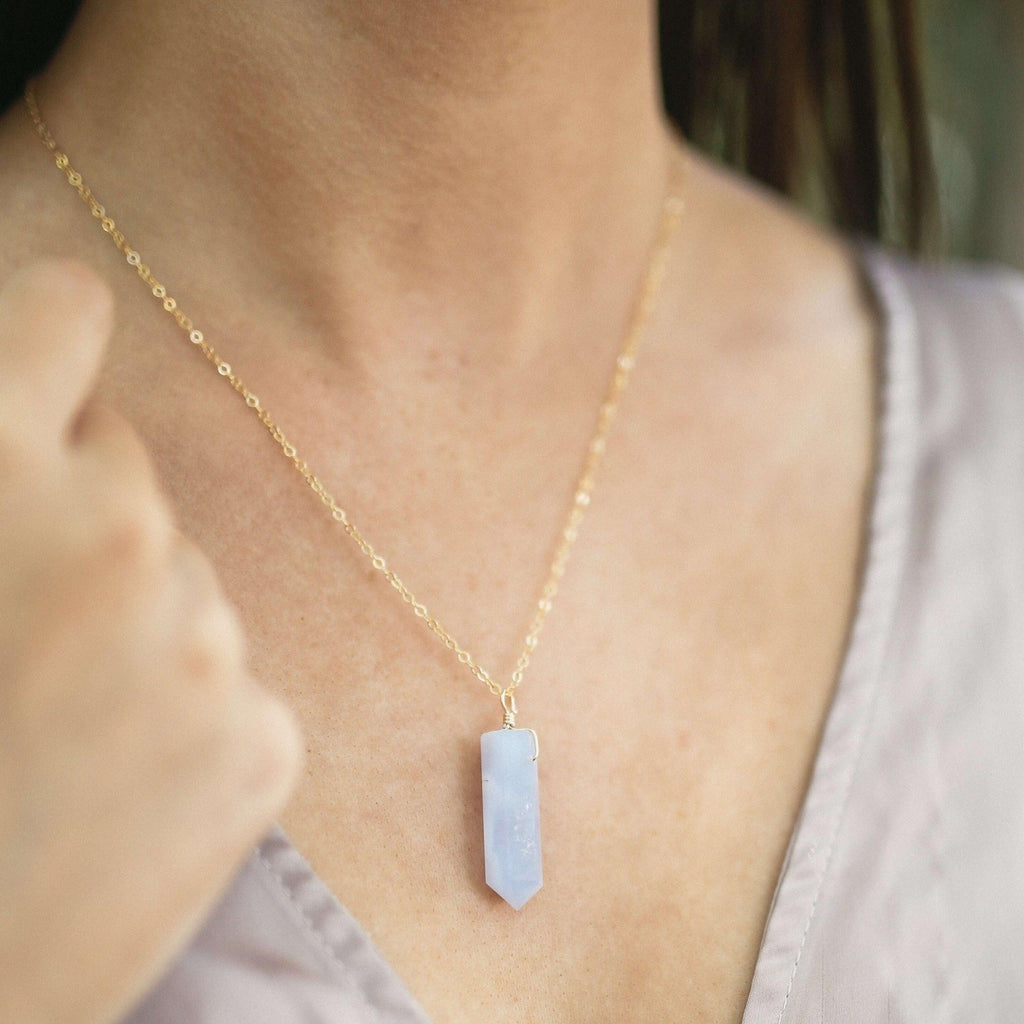 Blue Lace Agate Gemstone Generator Tower Point Pendant Necklace - Blue Lace Agate Gemstone Generator Tower Point Pendant Necklace - Sterling Silver / Satellite - Luna Tide Handmade Crystal Jewellery
