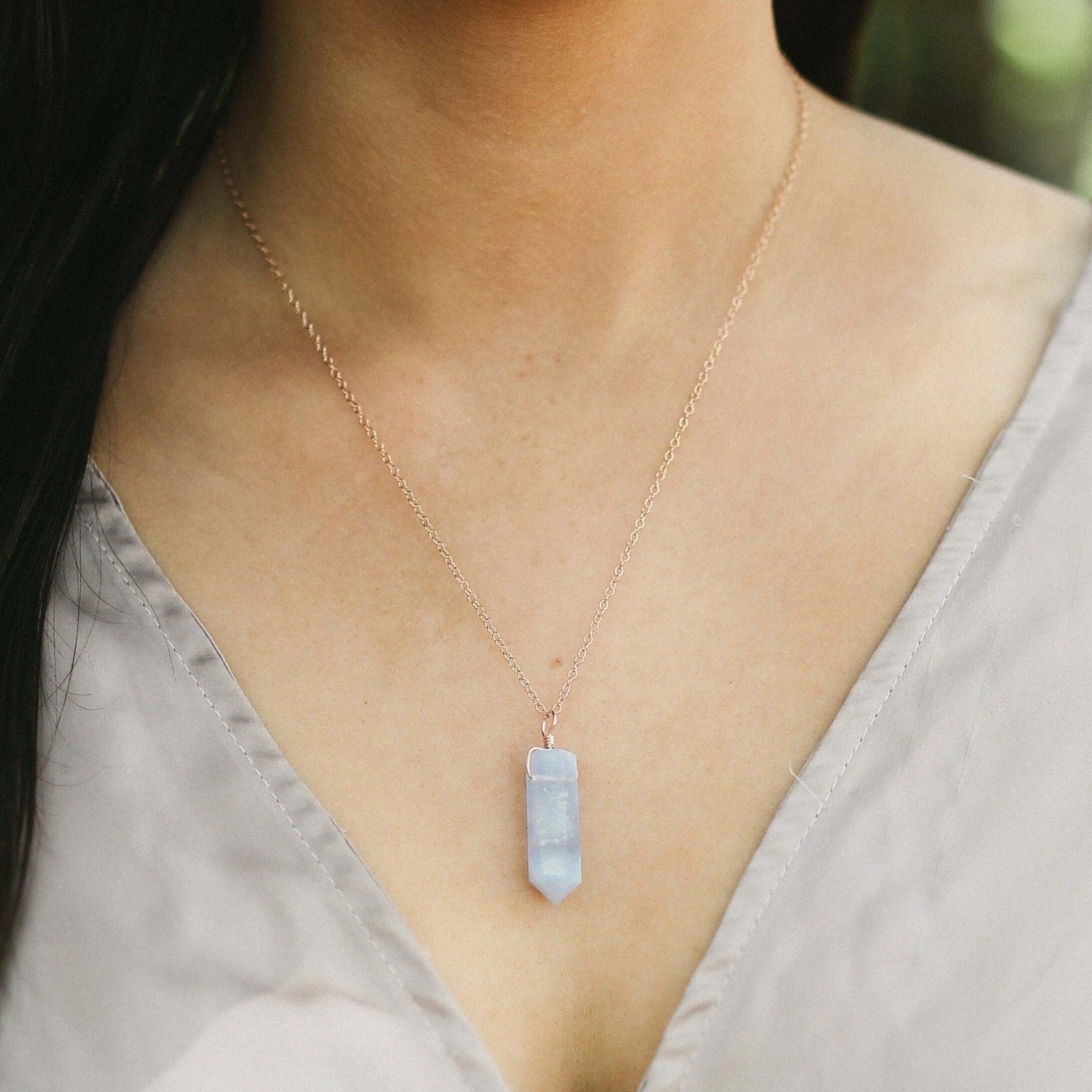 Blue Lace Agate Gemstone Generator Tower Point Pendant Necklace - Blue Lace Agate Gemstone Generator Tower Point Pendant Necklace - Sterling Silver / Satellite - Luna Tide Handmade Crystal Jewellery