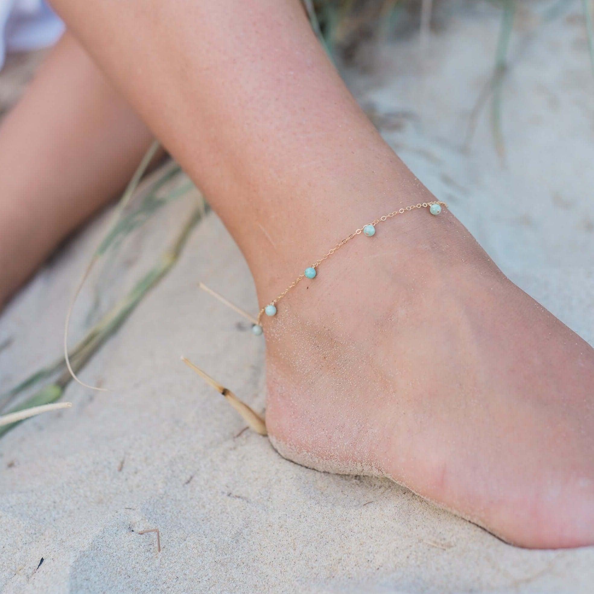 Boho Amazonite Bead Drop Anklet - Boho Amazonite Bead Drop Anklet - Sterling Silver - Luna Tide Handmade Crystal Jewellery