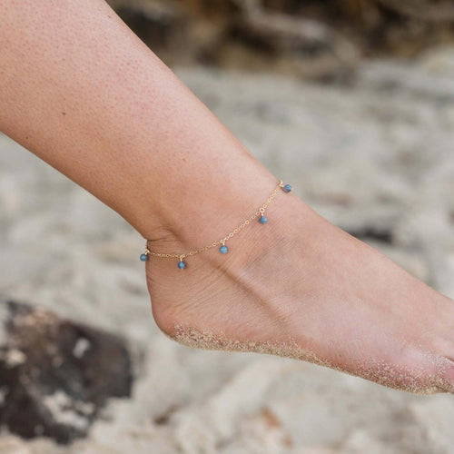 Boho Blue Kyanite Gemstone Bead Drop Anklet - Boho Blue Kyanite Gemstone Bead Drop Anklet - 14k Gold Fill - Luna Tide Handmade Crystal Jewellery