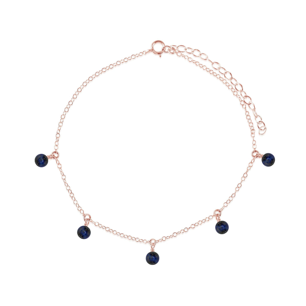 Boho Blue Sapphire Gemstone Bead Drop Anklet - Boho Blue Sapphire Gemstone Bead Drop Anklet - 14k Rose Gold Fill - Luna Tide Handmade Crystal Jewellery