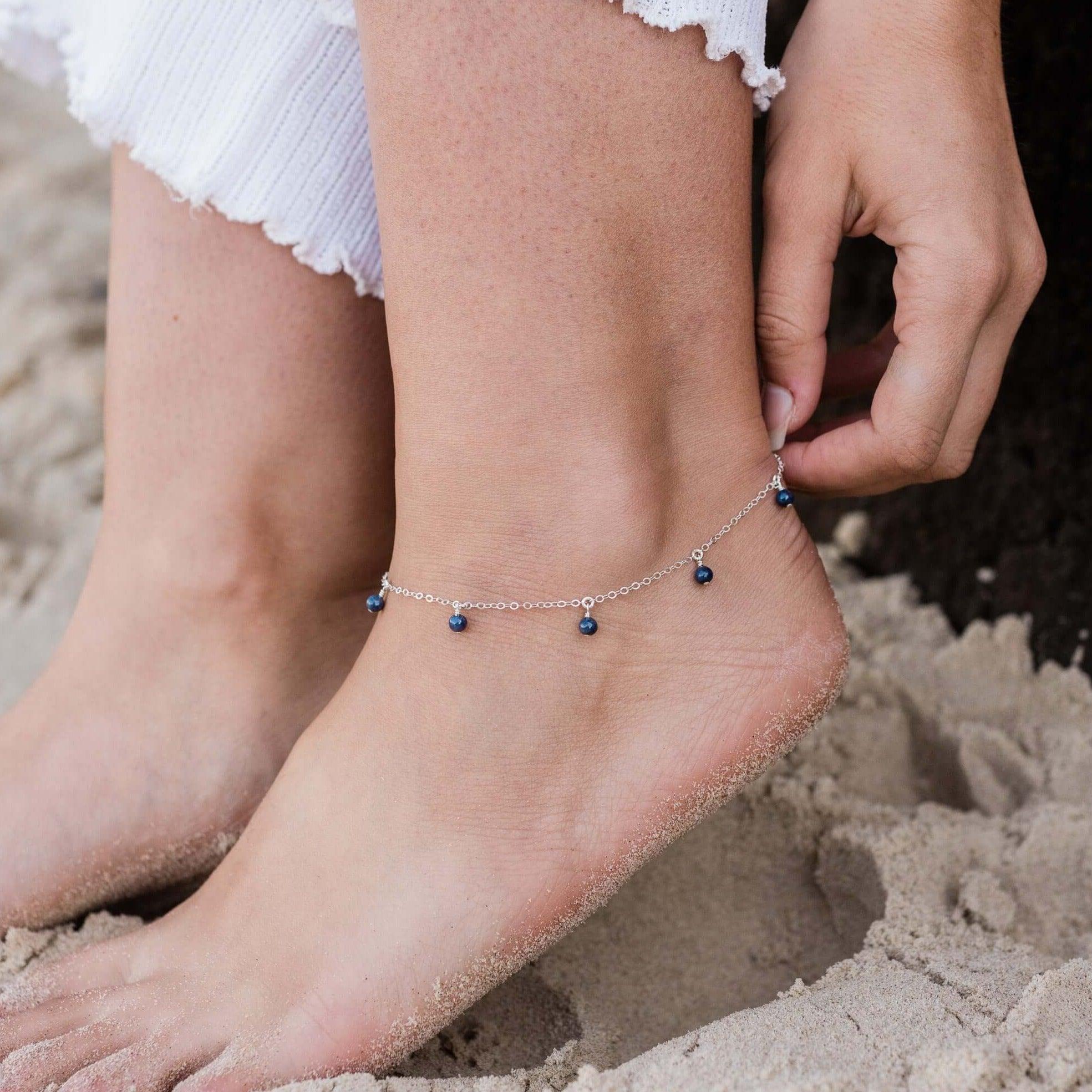Luna Tide Boho Blue Sapphire Gemstone Bead Drop Anklet Stainless Steel