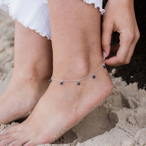 Boho Blue Sapphire Gemstone Bead Drop Anklet - Boho Blue Sapphire Gemstone Bead Drop Anklet - Sterling Silver - Luna Tide Handmade Crystal Jewellery