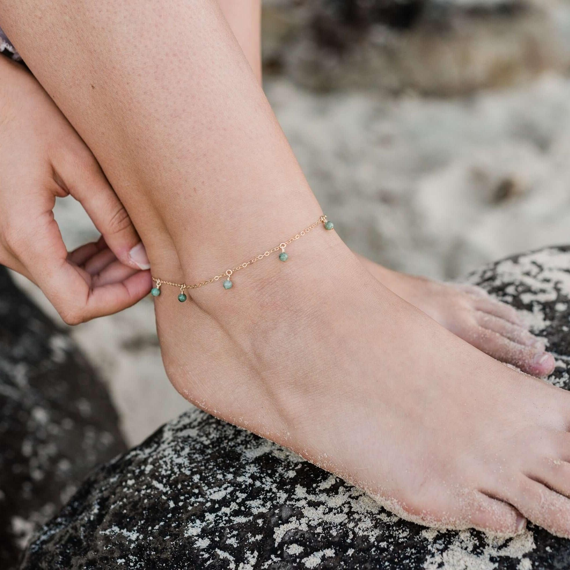 Boho Green Emerald Gemstone Bead Drop Anklet - Boho Green Emerald Gemstone Bead Drop Anklet - Sterling Silver - Luna Tide Handmade Crystal Jewellery