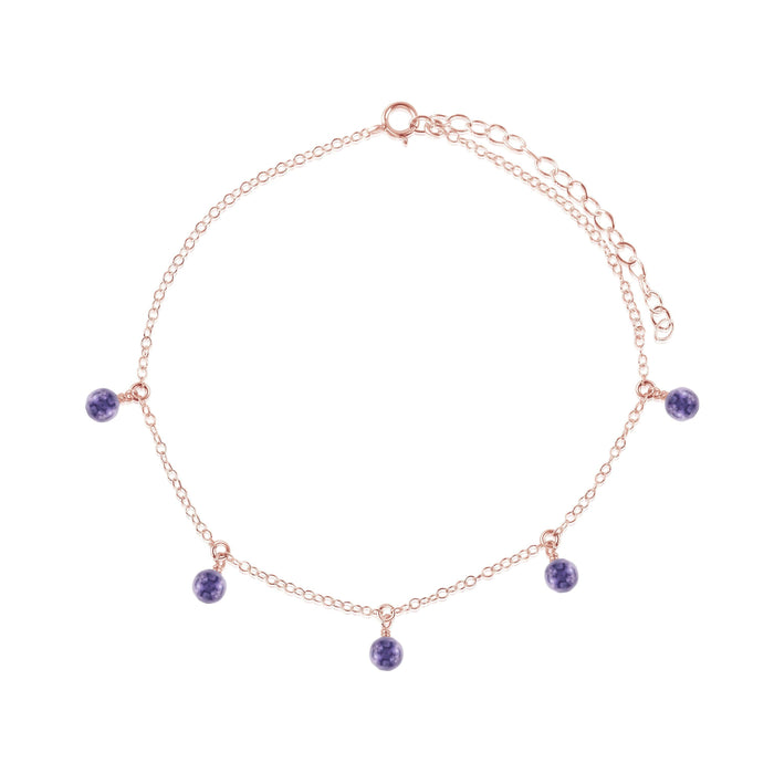 Boho Grey Iolite Gemstone Bead Drop Anklet - Boho Grey Iolite Gemstone Bead Drop Anklet - 14k Rose Gold Fill - Luna Tide Handmade Crystal Jewellery