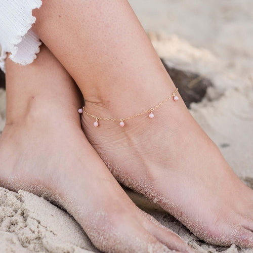 Boho Pink Peruvian Opal Gemstone Bead Drop Anklet - Boho Pink Peruvian Opal Gemstone Bead Drop Anklet - 14k Gold Fill - Luna Tide Handmade Crystal Jewellery