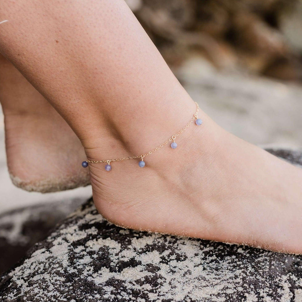 Boho Purple Tanzanite Gemstone Bead Drop Anklet - Boho Purple Tanzanite Gemstone Bead Drop Anklet - 14k Gold Fill - Luna Tide Handmade Crystal Jewellery