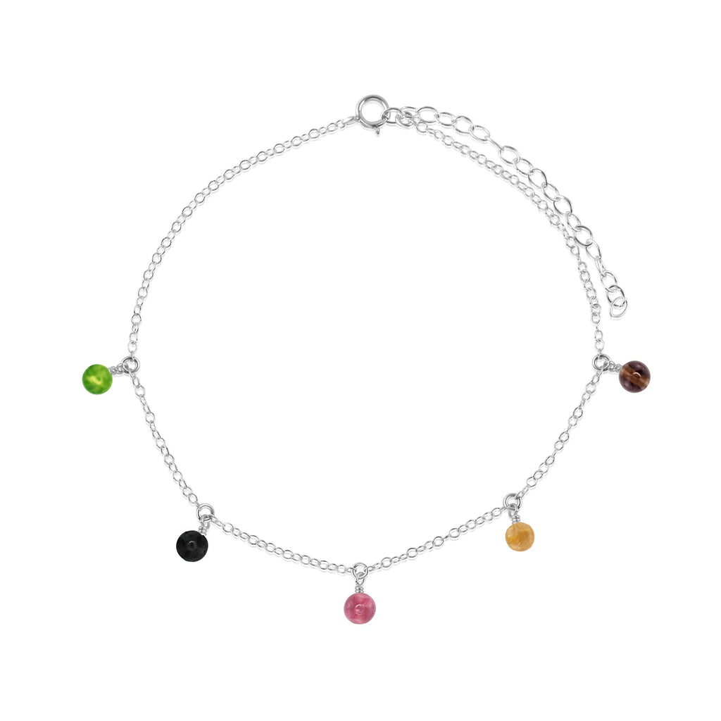 Boho Rainbow Tourmaline Gemstone Bead Drop Anklet - Boho Rainbow Tourmaline Gemstone Bead Drop Anklet - Sterling Silver - Luna Tide Handmade Crystal Jewellery