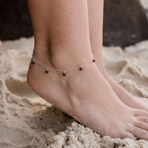 Boho Red Garnet Gemstone Bead Drop Anklet - Boho Red Garnet Gemstone Bead Drop Anklet - Sterling Silver - Luna Tide Handmade Crystal Jewellery