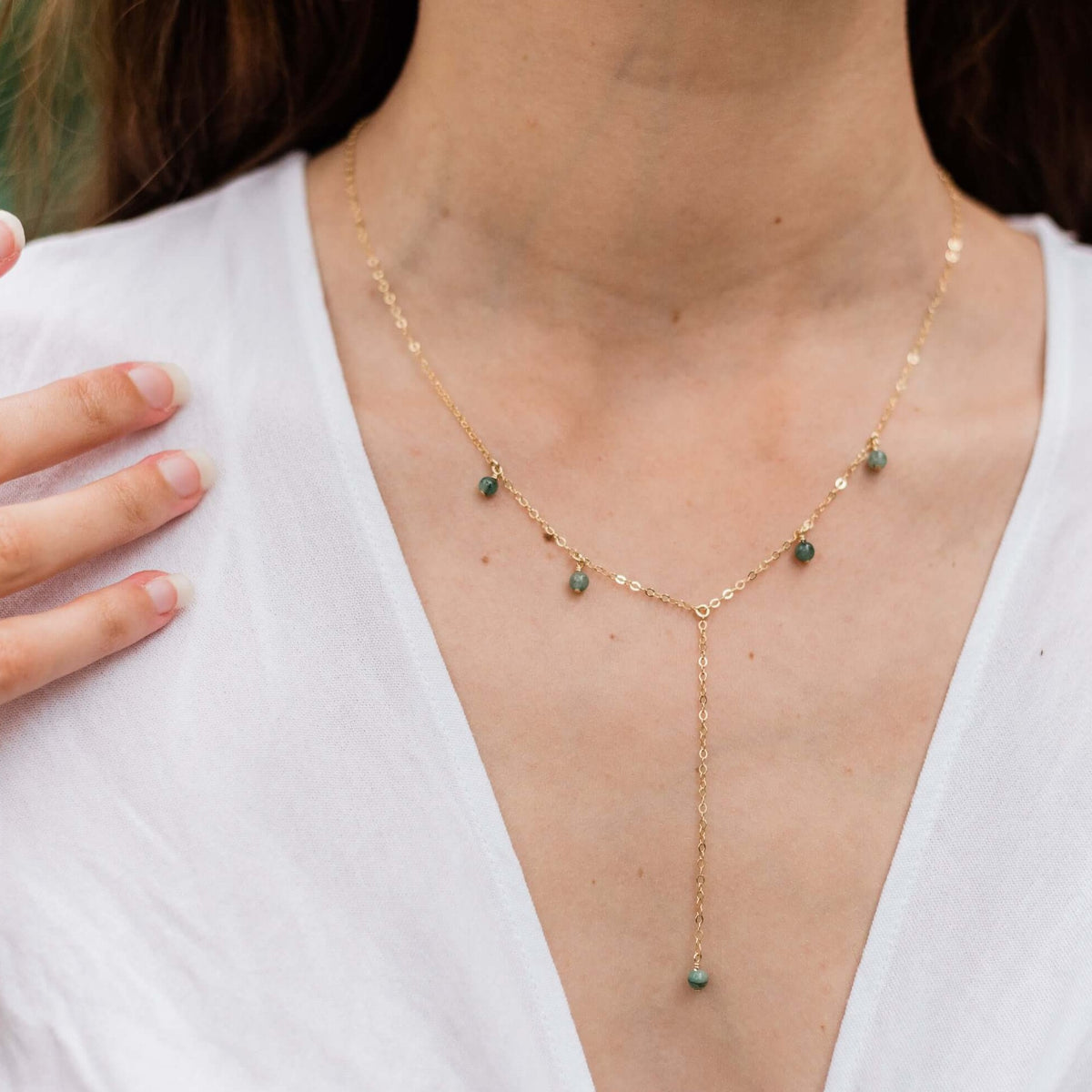 Boho Y Necklace - Emerald - 14K Gold Fill - Luna Tide Handmade Jewellery