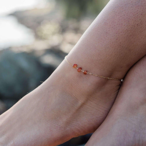 Carnelian Beaded Chain Anklet - Carnelian Beaded Chain Anklet - 14k Gold Fill - Luna Tide Handmade Crystal Jewellery