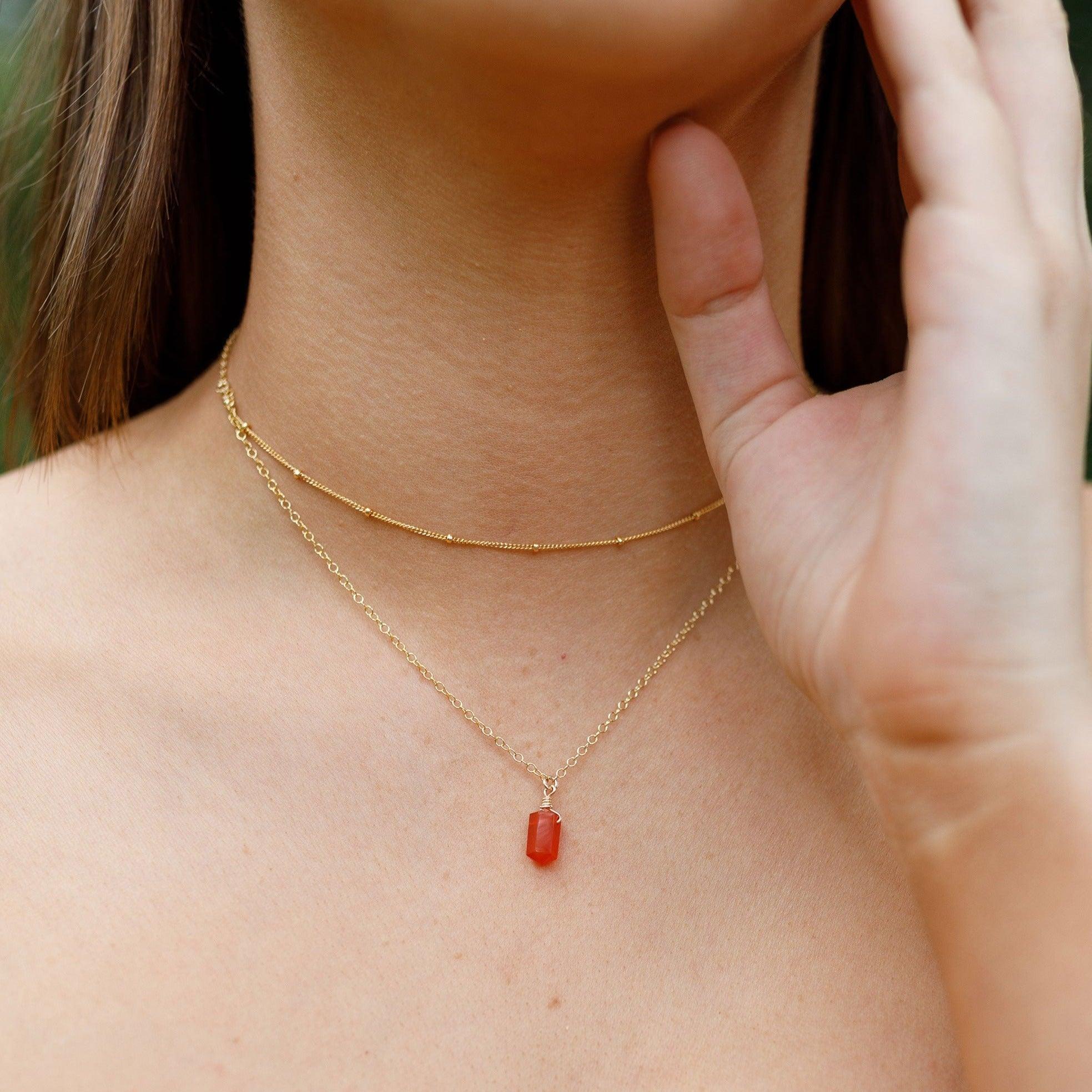 Carnelian Double Terminated Crystal Chain Layered Choker Necklace - Carnelian Double Terminated Crystal Chain Layered Choker Necklace - Sterling Silver - Luna Tide Handmade Crystal Jewellery