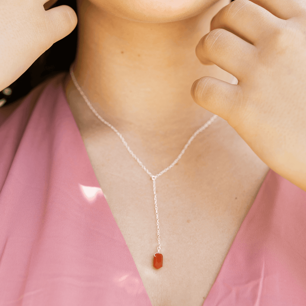 Carnelian Double Terminated Mini Crystal Point Lariat Necklace - Carnelian Double Terminated Mini Crystal Point Lariat Necklace - 14k Gold Fill - Luna Tide Handmade Crystal Jewellery