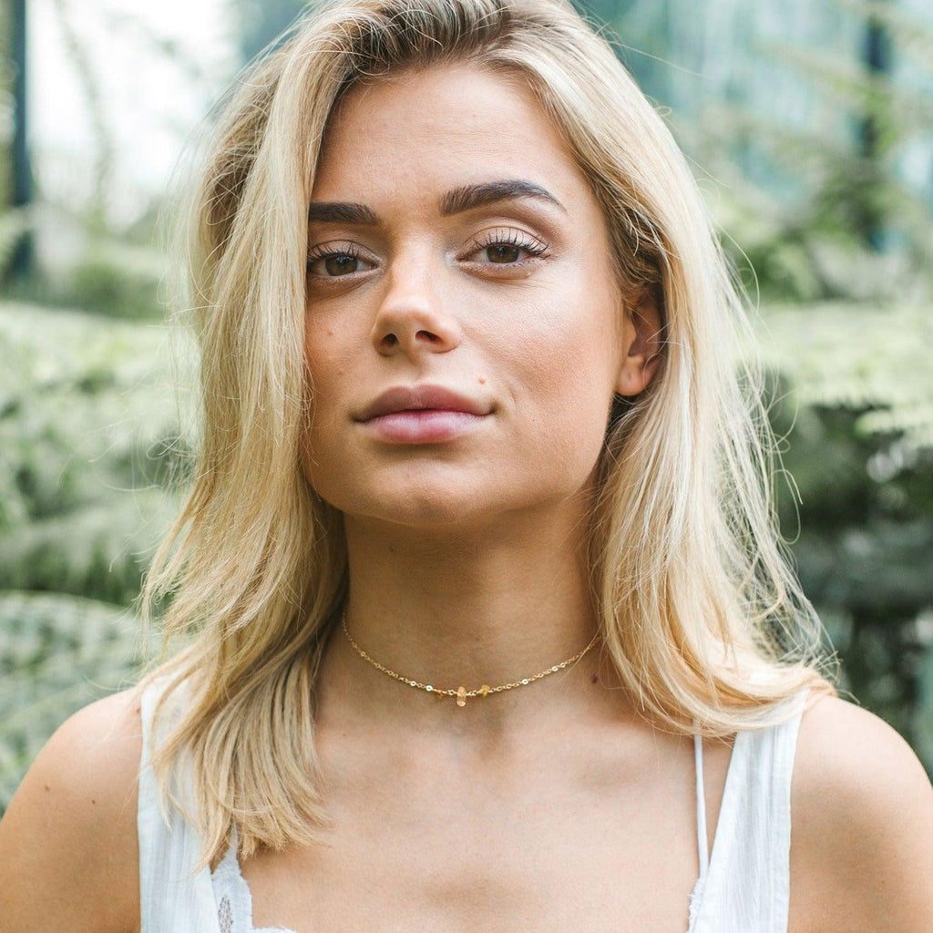 Citrine Beaded Chain Choker Necklace - Citrine Beaded Chain Choker Necklace - 14k Gold Fill - Luna Tide Handmade Crystal Jewellery