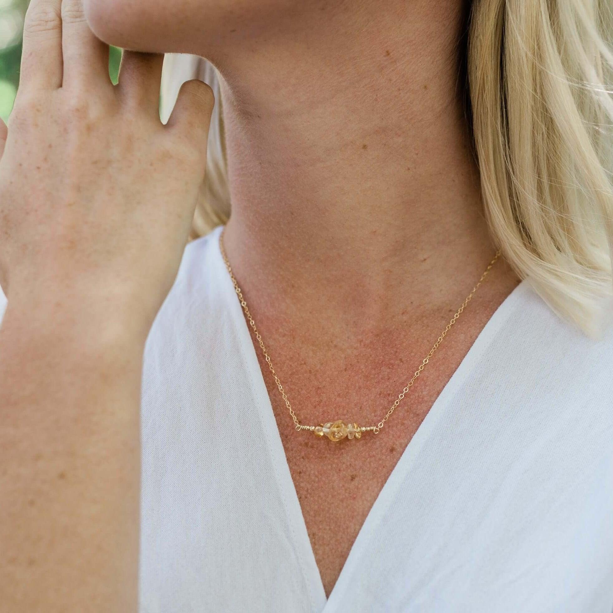 Citrine Chip Bead Bar Necklace - Citrine Chip Bead Bar Necklace - 14k Gold Fill - Luna Tide Handmade Crystal Jewellery