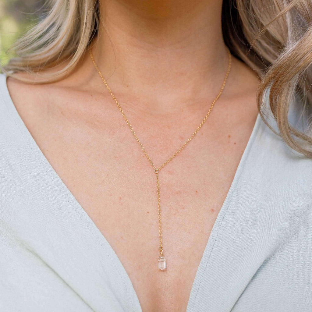 Crystal Quartz Double Terminated Mini Crystal Point Lariat Necklace - Crystal Quartz Double Terminated Mini Crystal Point Lariat Necklace - 14k Gold Fill - Luna Tide Handmade Crystal Jewellery