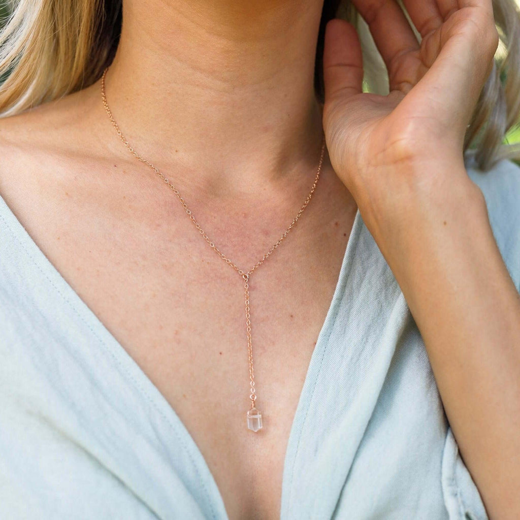 Crystal Quartz Double Terminated Mini Crystal Point Lariat Necklace - Crystal Quartz Double Terminated Mini Crystal Point Lariat Necklace - 14k Gold Fill - Luna Tide Handmade Crystal Jewellery