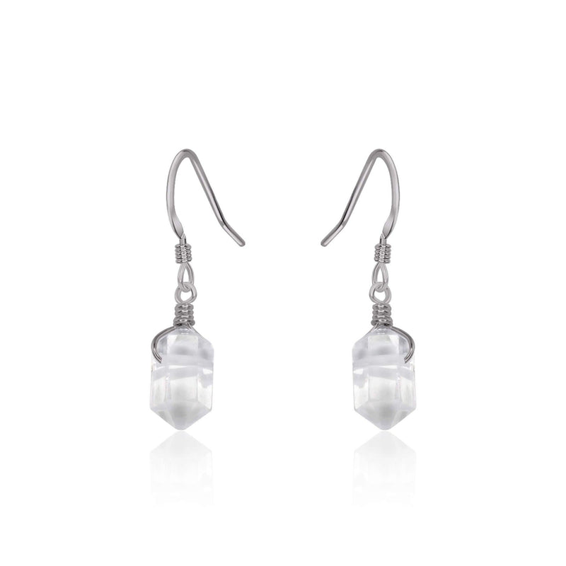 Double Terminated Crystal Dangle Drop Earrings - Crystal Quartz - Stainless Steel - Luna Tide Handmade Jewellery