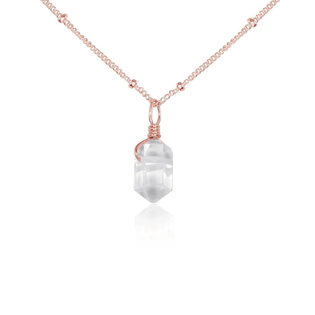 Crystal Quartz Mini Double Terminated Crystal Point Pendant Necklace - Crystal Quartz Mini Double Terminated Crystal Point Pendant Necklace - 14k Rose Gold Fill / Satellite - Luna Tide Handmade Crystal Jewellery