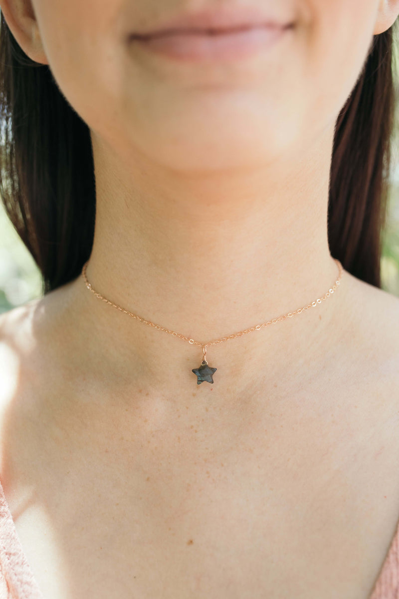 Crystal Star Pendant Choker Necklace - Labradorite - 14K Rose Gold Fill - Luna Tide Handmade Jewellery