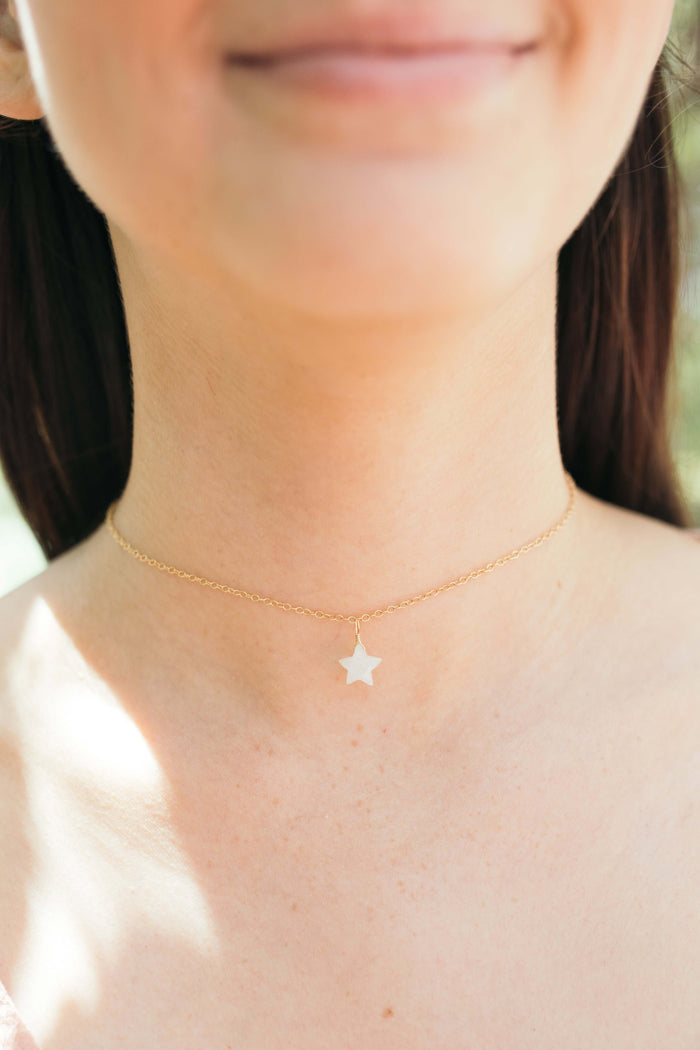 Crystal Star Pendant Choker Necklace - Rainbow Moonstone - 14K Gold Fill - Luna Tide Handmade Jewellery