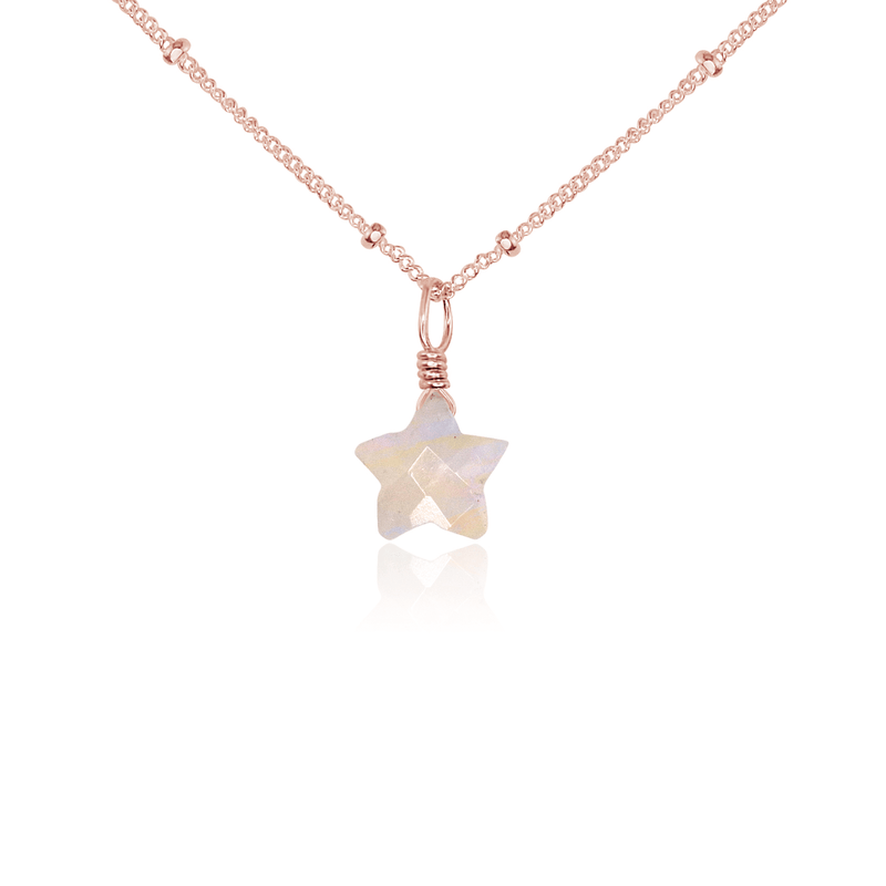Crystal Star Pendant Necklace - Rainbow Moonstone - 14K Rose Gold Fill Satellite - Luna Tide Handmade Jewellery